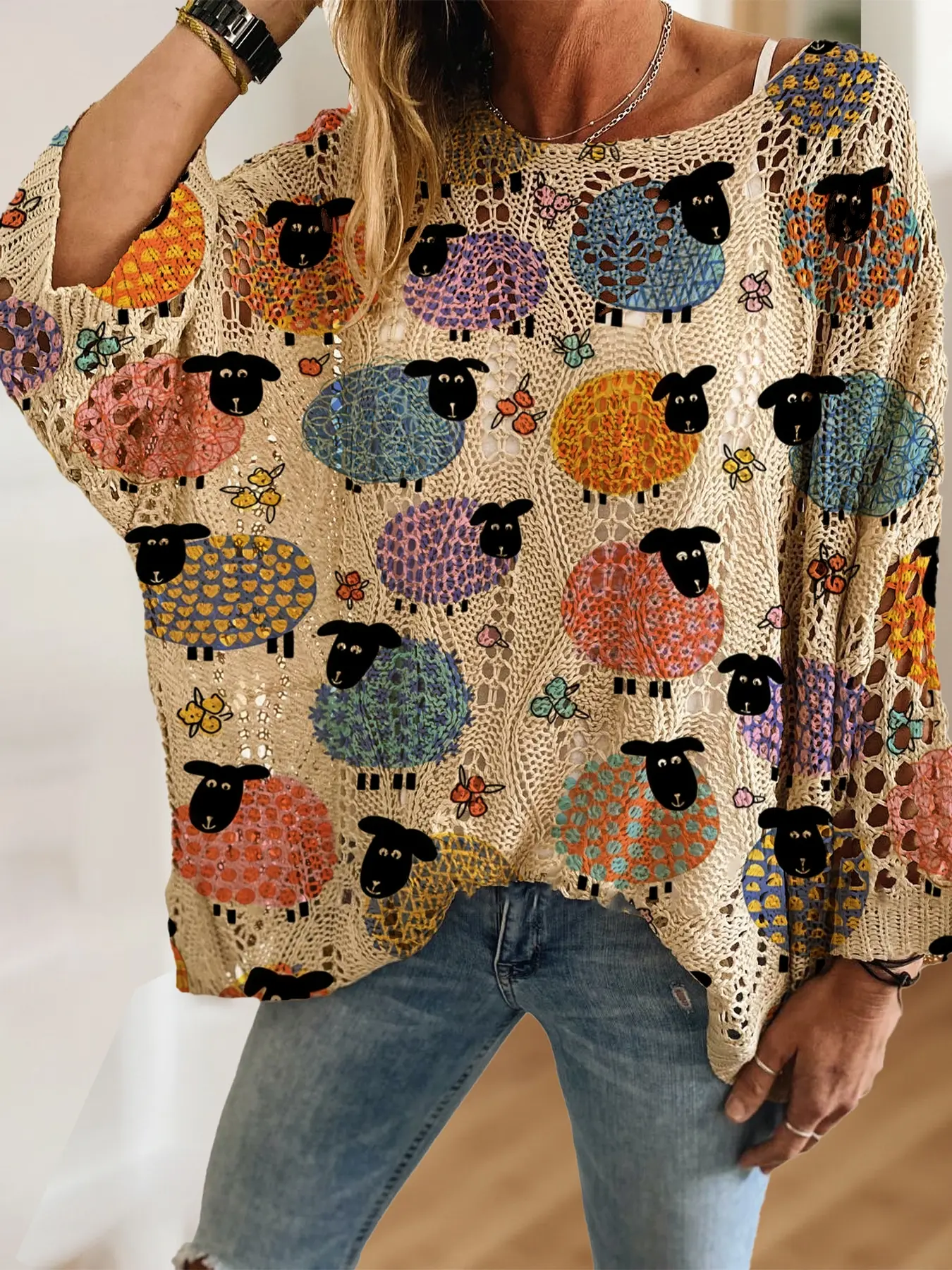 Women's Boho Style Colorful Sheep Wool Animal Print Knit Top, Casual Elegant Vacation Sweater, Comfortable Breathable Loose Fit