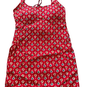 Cotton Short Sleeveless Kurtha in Red with Colorful Key Pattern for Apparel Needs