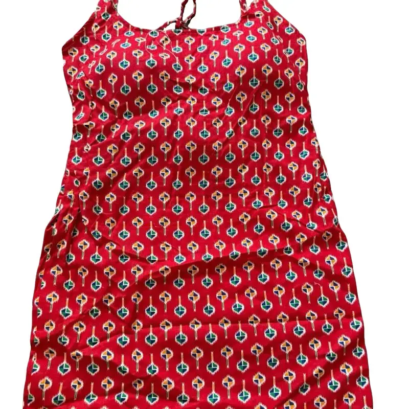 Cotton Short Sleeveless Kurtha in Red with Colorful Key Pattern for Apparel Needs