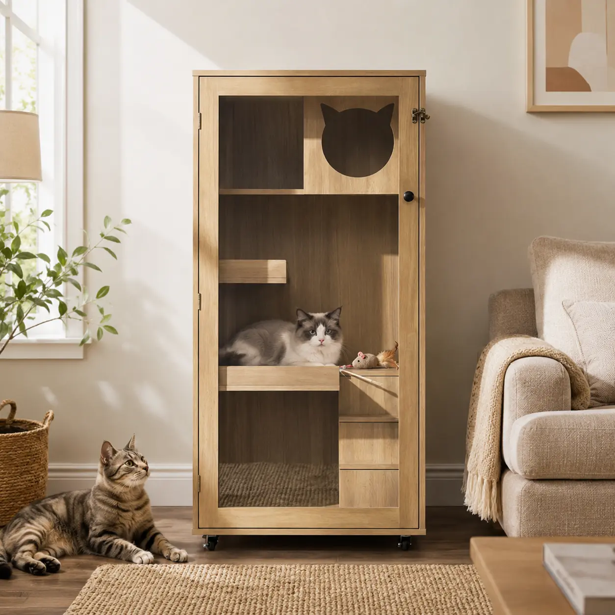 Rubber Wood Cat Cabinet with Wheels, Ventilated Indoor Cat Condo with Multi-Level Shelves and Lockable Door, Spacious Wooden Cat Enclosure for Home
