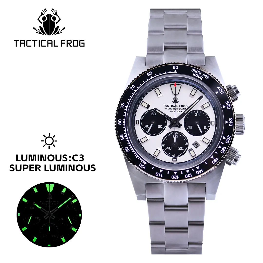 TACTICAL FROG Men's Tactical Dive Stainless Steel Analog Watch, Solar-Powered Chronograph with Sapphire Crystal, 200m Water Resistance, Analog Watches, Stainless Steel Watch