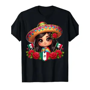Women's Short-Sleeve Chibi Zarape Graphic T-Shirt, Streetwear Top with Sombrero and Vibrant Mexican Flag Colors, for Casual Wear and Themed Gatherings