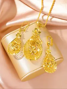 Heart shaped leaf earrings+necklace set, copper plated jewelry, perfect gift for women, daily accessories, Valentine's Day gift, Ramadan gift, Elegant Jewelry Set