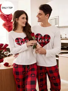 Couples Heart Check Print Fitted Long Sleeve Pajamas, Matching Casual Homewear for Men and Women, Cozy Sleepwear for Fall and Winter