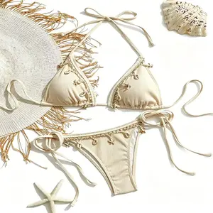 Women's 2026 New Solid Color Bikini, Sexy Halter Triangle Swimsuit with Shell Starfish Detail, Tie Side 3-Piece Beach Bathing Suit