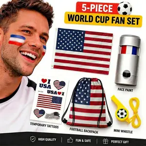5Pc Football Fan Support Set Multi-Country Soccer Party Supplies with Drawstring Backpack, Flag, Face Paint & Whistle for Match Day