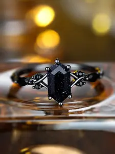 Hexagon Cut Engagement Ring – Vintage Black Cluster Ring for Women, Elegant Birthday Gift