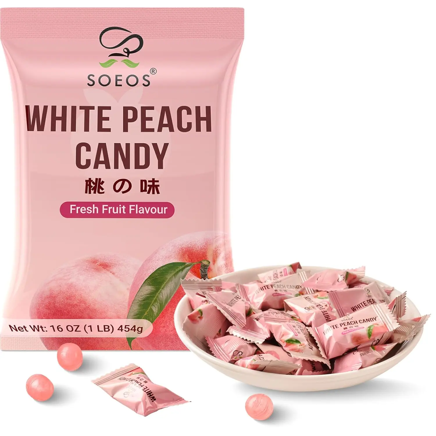 Soeos White Peach Hard Candy 1lb (16oz) - Individually Wrapped Gourmet Fruit Drops - Refreshing Sweet Peach Flavor for Candy Dishes, Office Snacks, and Party Favors