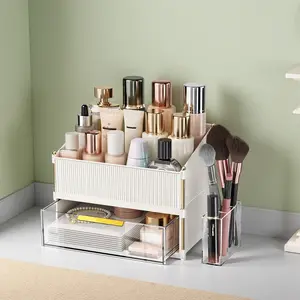Cosmetic Organizer Box with Drawer and Brush Holder, Makeup Desk Storage Rack, Vanity Shelf for Skincare Products, Desktop Organizer
