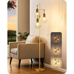 EDISHINE Dimmable Industrial Floor Lamp with 3 LED Edison Bulbs, Light Fixtures, permanent lights, Lanterns, Farmhouse Style, Rattan, lighting deals affordable decor, sconces, Elegant Design, Safe Sturdy Gold-HFLDC2A