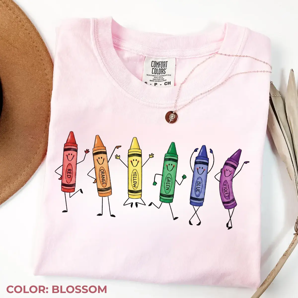 Comfort Colors Happy Crayon Doodles T-Shirt, Back to School Teacher Shirt, Kindergarten Apparel, Dancing Rainbow Crayons Graphic Preschool Design