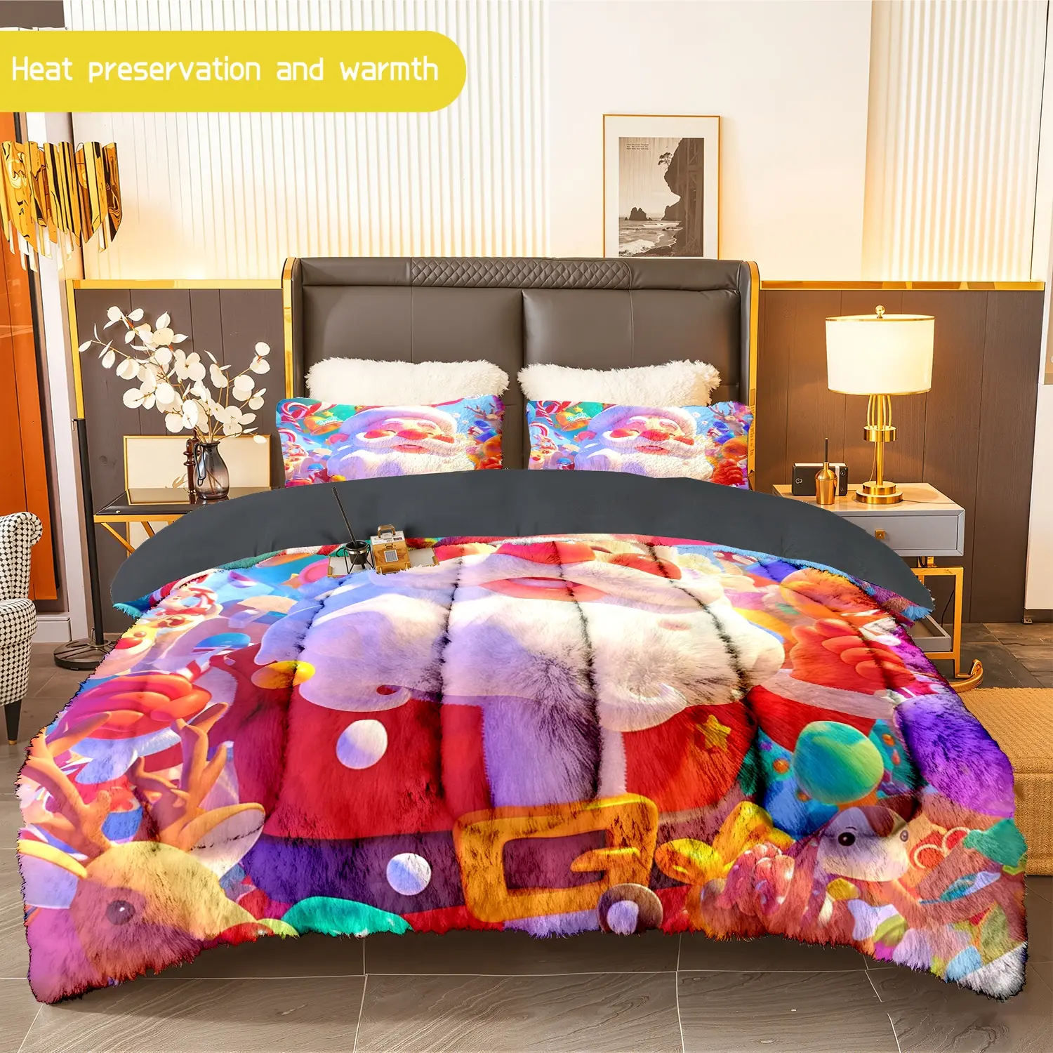 3pcs (1 comforter + 2 pillowcases) Santa - themed Flannel & Milk Velvet Comforter Set, Soft Warm Bedding Set for Adults, Cozy Plush Quilt Set, Trendy Bedding Essentials