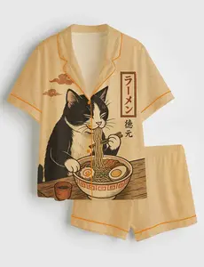Japanese Ramen Cat Pajama Set, Cute Noodle Kitty Sleepwear, Short Sleeve Satin Top, Elastic Waist Shorts, Kawaii Lounge Outfit