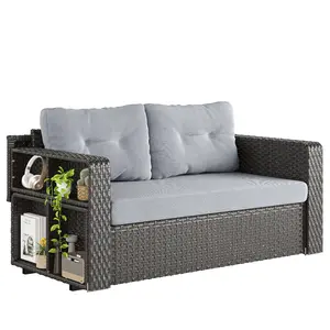 Vlsrka Patio Wicker Sofa with Foldable Long Table, Outdoor Rattan Couch Furniture Steel Frame with Deep Seat High Back Grey