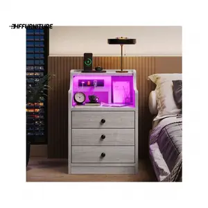 High quality  Nightstand LED Lights And Charging Station Bedside Table With Drawers For Bedroom Cloakroom Decor