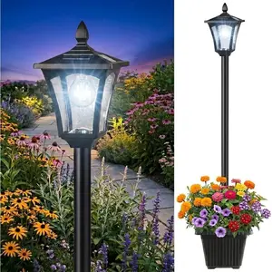 76" Solar Lamp  Lights with Planter, Glass & Metal Street Light Outdoor , 60 Lumens  Solar Pole Light for Garden, Yard, Driveway, Porch, Patio, Cool White