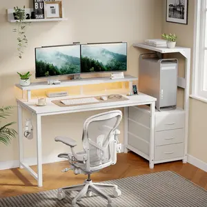 L Shaped Computer Desk with Shelves & Storage Drawers, 52"/59" Reversible Office Corner Desk with LED Lights & Power Outlets, Writing Desk with Monitor Stand & PC Shelf, White