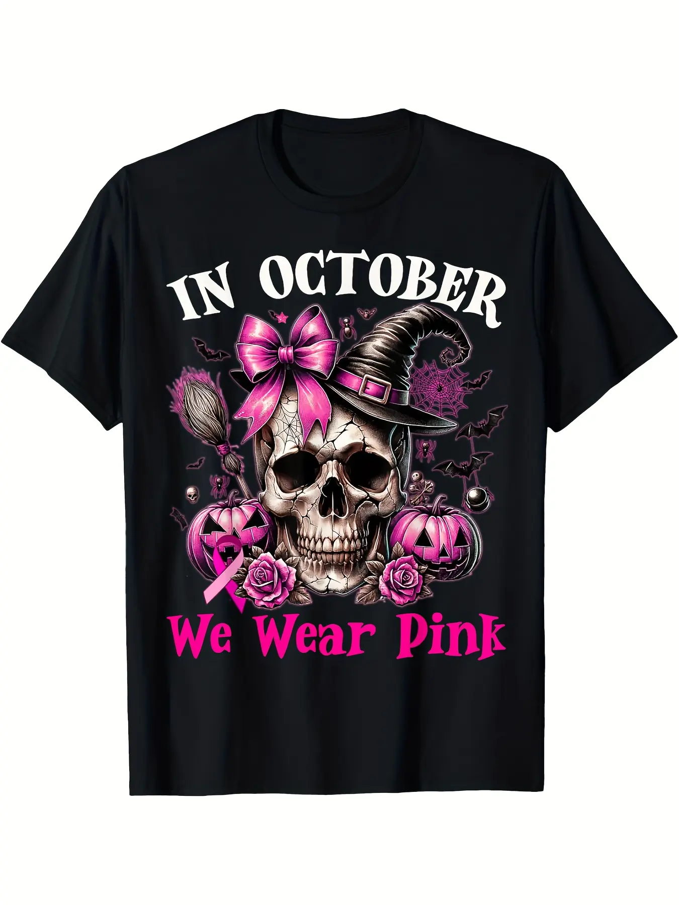 Women's Short-Sleeve Casual Gothic T-Shirt, Comfortable Breathable Unisex Crew Neck with Pink Witch Skull & Pink Ribbon, October Breast Cancer Awareness Novelty Gift