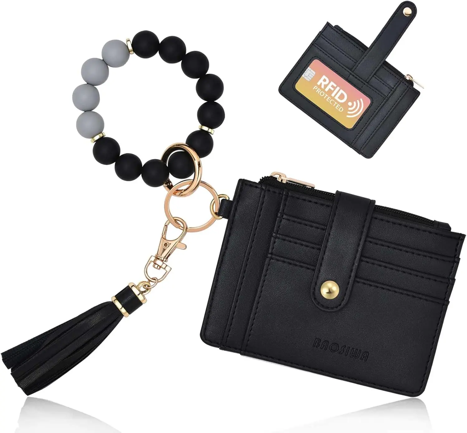 Beaded Wristlet Wallet for Women, Silicone Keychain Bracelet with PU Leather RFID Cards Holder, Double Stretchy Elastic Cord, and Quick Release Clasp, Stress Reliever, Double Stretchy Cord, Bags For Everyday, Safety Design, Waterproof Wallet, Sturdy Doubl