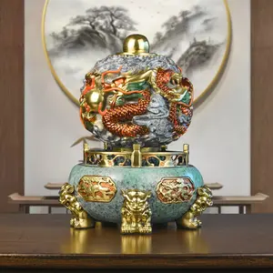 Full Copper Nine-Turn Cosmos Dragon Censer, Chinese Style Office Decor, Treasure Basin Craft, Opening & Collection Gift