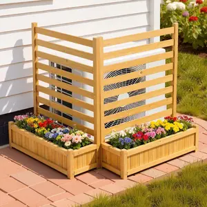 Wooden Privacy Fence for Outdoor Areas, 36 x 45 Inch Air Conditioner Fence, Solid Wood Privacy Screen with 2 Planters, Includes Metal Stakes, Trash Can Hider, Durable Garden and Pool Area Enclosure