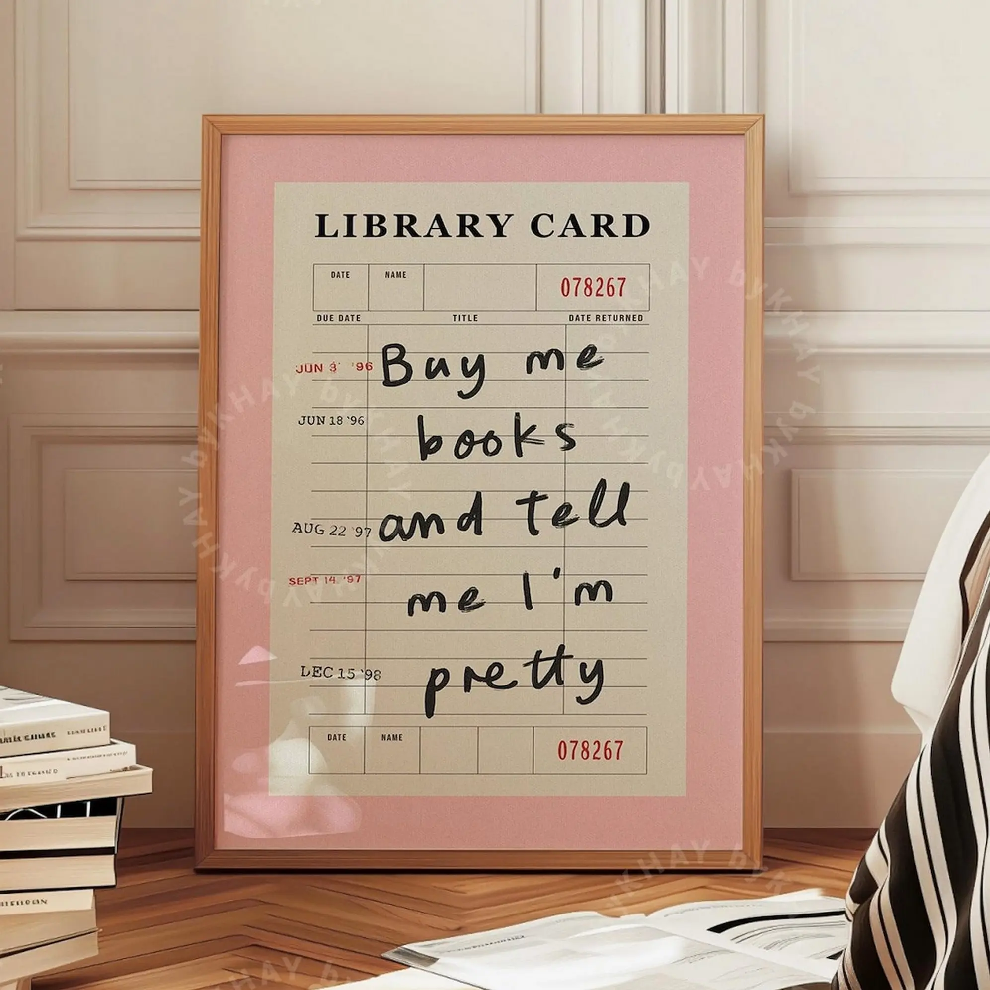 Unframed "Buy Me Books and Tell Me I'm Pretty" Pink Library Card Wall Art, Waterproof Bookish Decoration for Bedroom, Kitchen, Vintage Book Lover Poster Print (Home Decor Supplies), Vintage Home Decor, Home Decor Items