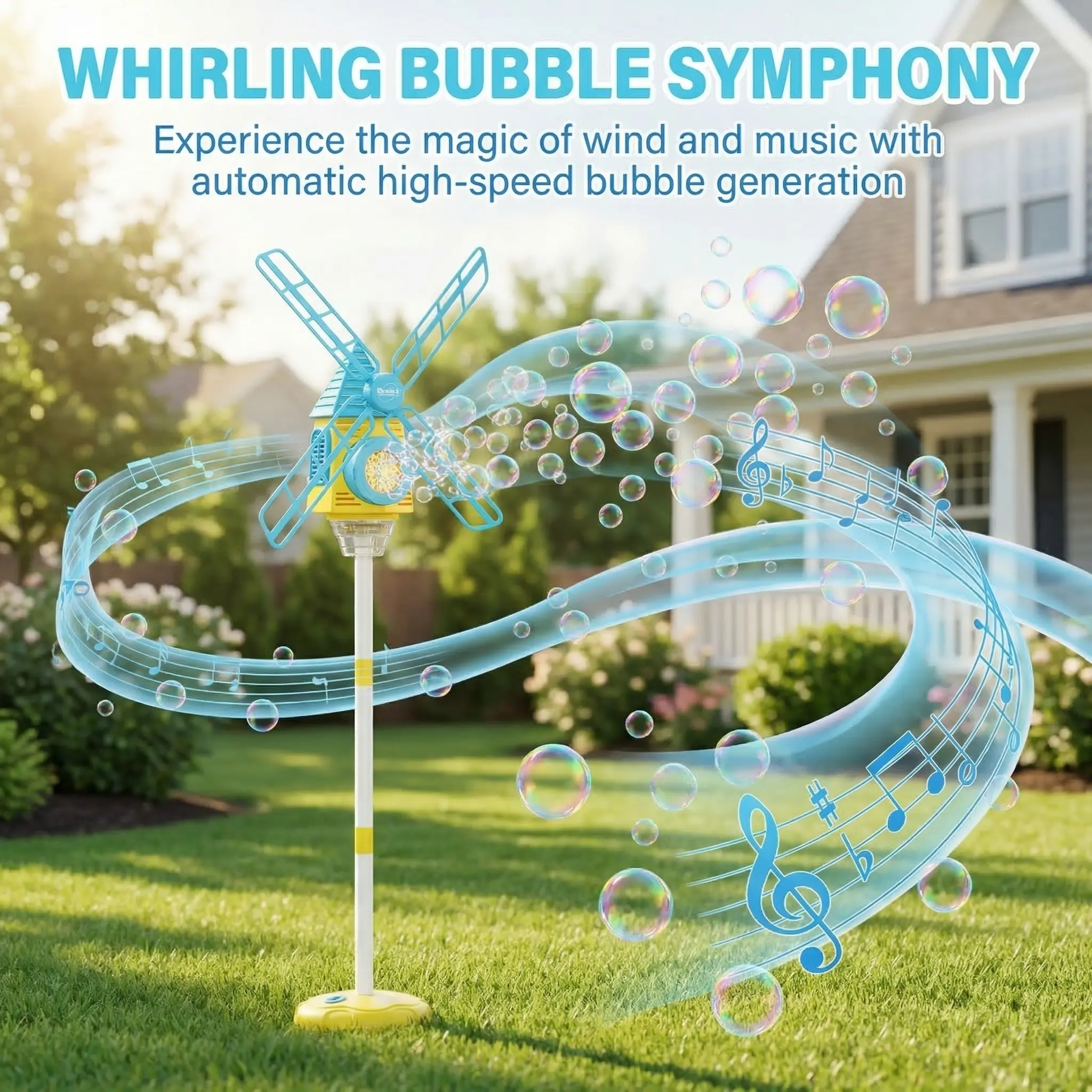 Automatic Windmill Bubble Machine, Automatic Bubble Blower, Multifunction Bubble Maker, Adjustable Height, Adjustable Bubble Maker, Colorful Lights, Music, Indoor Outdoor Use, Includes 50ML Concentrated Liquid, Vertical Bubble Maker