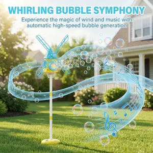 Automatic Windmill Bubble Machine, Adjustable Height, Adjustable Bubble Maker, Colorful Lights, Music, Indoor Outdoor Use, Includes 50ML Concentrated Liquid
