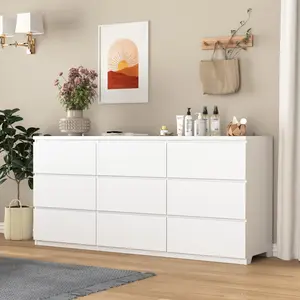 Dresser White 9 Drawer Cabinet for Bedroom, Wide Modern Chest of Drawers No Handles Design, Wood Storage Dresser for Living Room, Hallway, Entryway