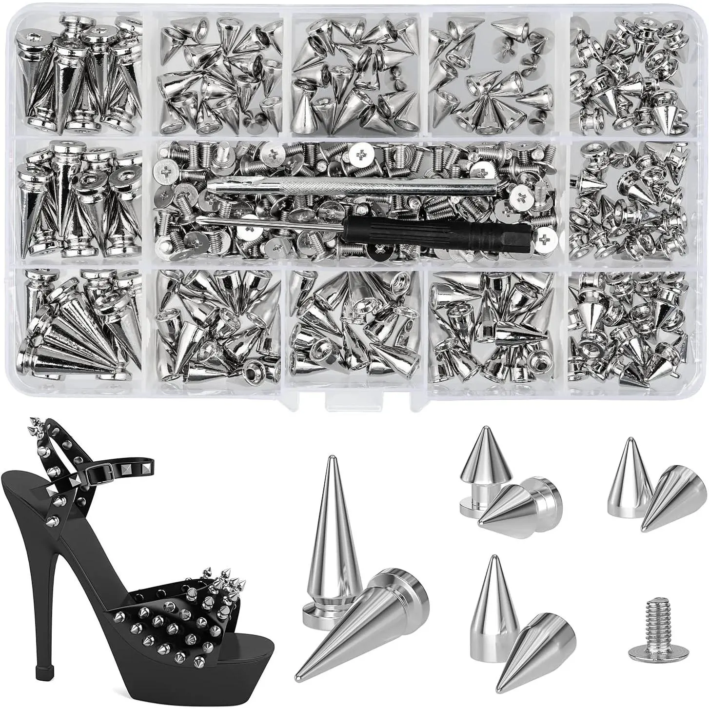 180 Sets Punk Spikes and Studs Kit, Multiple Size Cone Spikes for Clothing, Punk Rock Style Studs and Spikes for DIY Leathercraft Decoration, Suitable for Clothing,  Collars, Belts, Bags