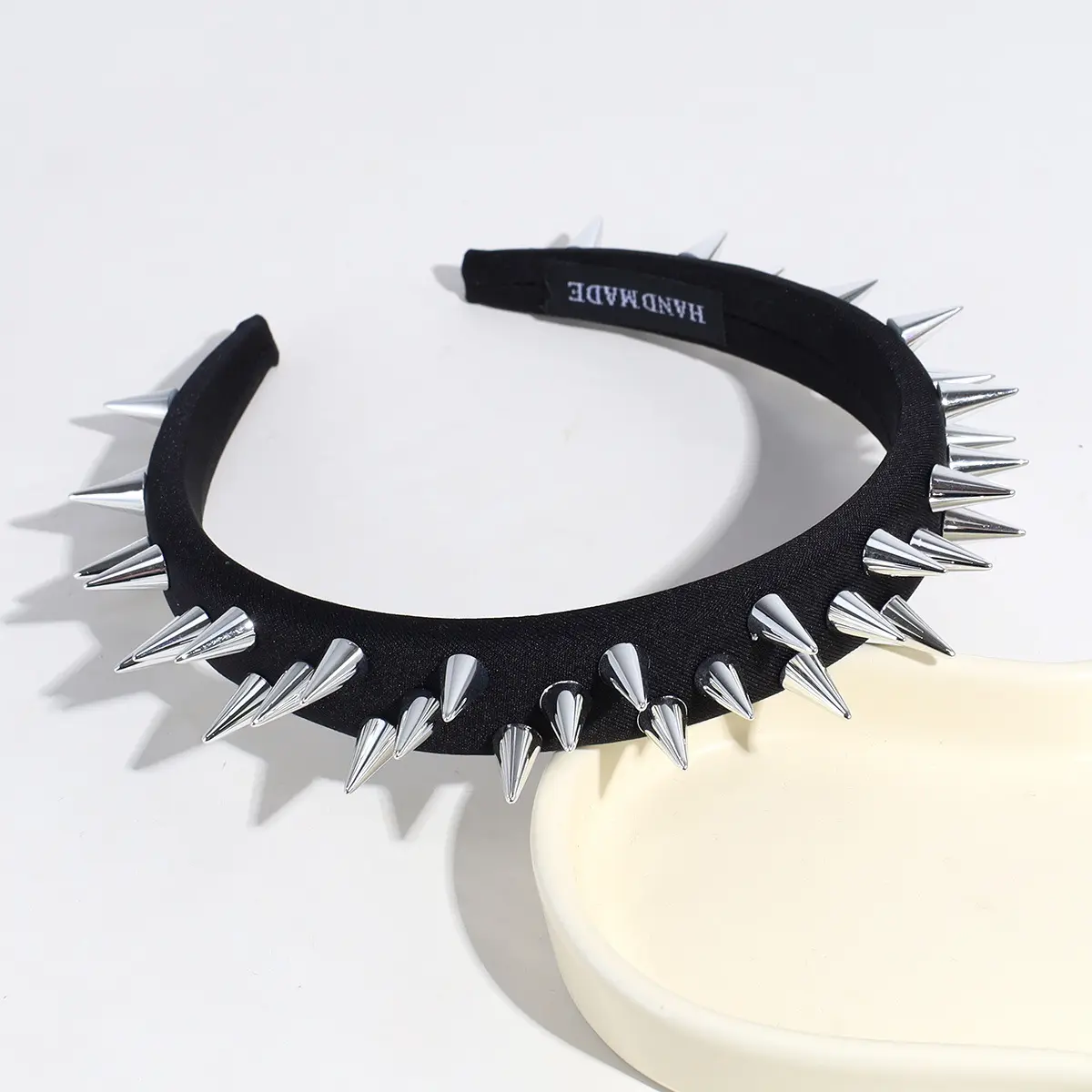 Punk 360° Full Surround Cone Spiked Stud Headband - Black Soft Fabric-Wrapped Metal Rivet Hair Hoop, Gold/Silver Options, Grunge Goth Edgy Statement Accessory For Rave Cosplay
