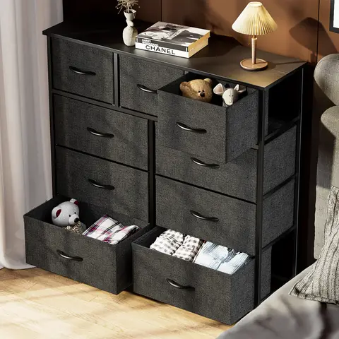 Sweetcrispy 9-Drawer Fabric Storage Dresser - Modern Indoor Chest of Drawers with Steel Frame & Wooden Top, Dresser for Bedroom, Apartment Furniture, Room Storage, Christmas Gift Option