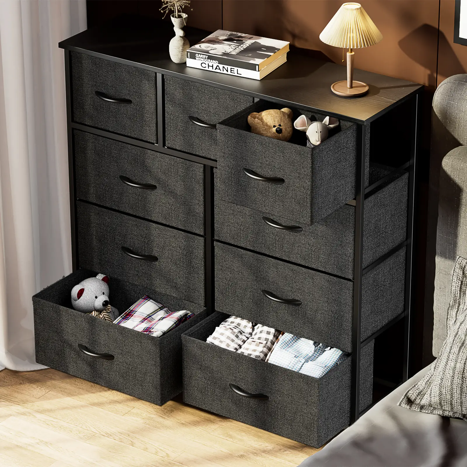 【Labor Day】Sweet Furniture Dresser with 9 Drawers, Fabric Storage Tower for Bedroom, Closet, Entryway, Nursery - Steel Frame and Wooden Top, Christmas