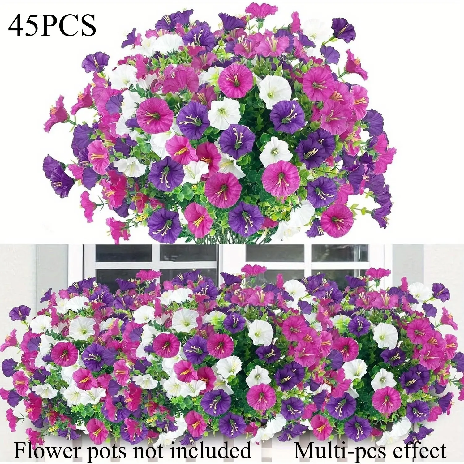 45 Bundles of Artificial Low Petunias, Outdoor Artificial Flowers, Decorative Artificial Flowers, Resistant to Wind And Rain, Vibrant Purple, Plastic Hanging Decorations, Suitable for Balcony And Terrace Flower Boxes, Wedding And Event Arrangements