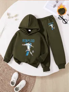 Boys' Fall Winter Fleece Hoodie Set, Ronaldo Cartoon Print, Casual Loose Fit Joggers, School & Outdoor Play, Ideal Gift, Outfit