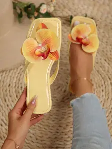 Livesso 2025 EU Size Plus Size New Design Faux Flower Decor Square Toe Flat Slide Yellow Sandals For Women, Summer,Beach Outfits