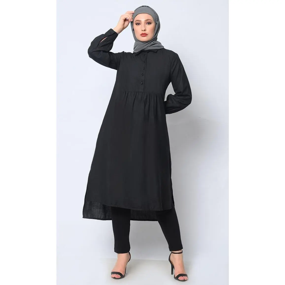 Collared Black Tunic with Elegant Waist Gathers detail