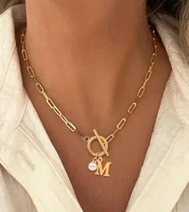 Women's faux pearl decor OT buckle pendant necklace, chains letter charm pendant necklace, initial necklace vintage jewelry for party & Daily decor for fall 2024, fall outfits, fall freshness
