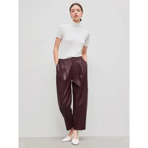 Cider [size 2-10] Faux Leather Mid Rise Solid Zipper Cropped Barrel-leg Trousers