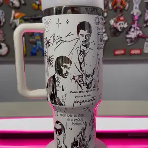 Bad Bunnie Benito 40oz White Black Finish Laser Engraved Tumbler with Reggaeton Puerto Rico Design - Bottle