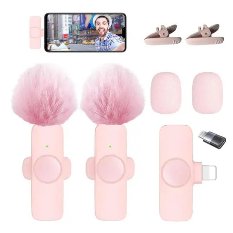 Wireless Lavalier Microphone for Smartphone, Rechargeable Mini Clip-On Mic with USB-C or Lightning Receiver, Portable Wireless Microphone for Video Recording, Vlogging, Interviews & Content Creation, Pink