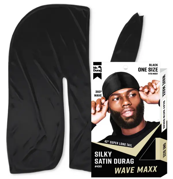 Black Silky Satin Durag, Adjustable Head Wrap for 360 Waves with Extended 42-Inch Tails, Breathable Fashion Headscarf for a Secure Fit