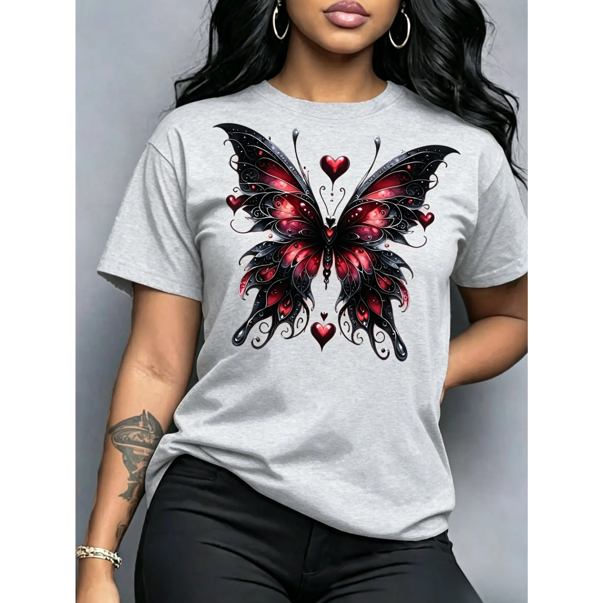 trendy shirt Women's Dark Romantic T-Shirt with Gothic Butterfly Hearts Graphic, Smooth 100% Printed Top with Short Sleeves