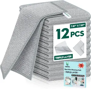 12 Pcs New Upgraded 3 Layers Non Scratch Wire Dishcloth, Multipurpose Wire Dishwashing Rags, Wet & Dry for Cookware, Sinks, Dishes, Stoves & Fireplaces (7.87 X 7.87-12Pcs) VMKBL