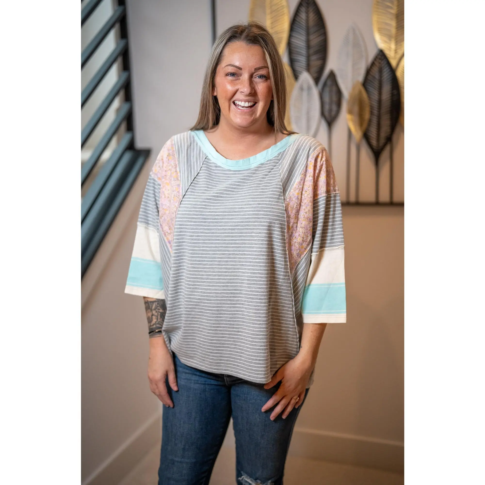 Striped Boho Floral Patchwork Top Easel