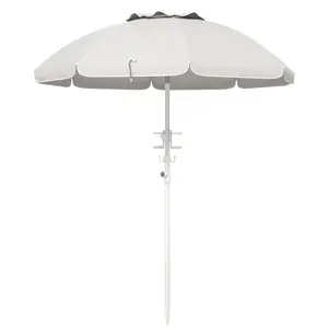 Outsunny 5.7' Portable Beach Umbrella with Tilt, Adjustable Height, 2 Cup Holders & Hooks, UV 40+ Ruffled Outdoor Umbrella with Vented Canopy, Cream White