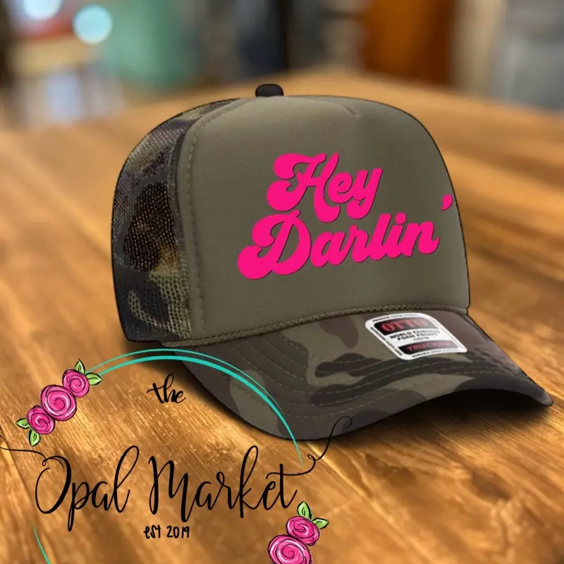 Hey Darlin’ Trucker Hat, Western, Classic Design,  Camo Hat, Comfortable Fit, Country, Women’s Trucker, Snap Back, Otto Cap