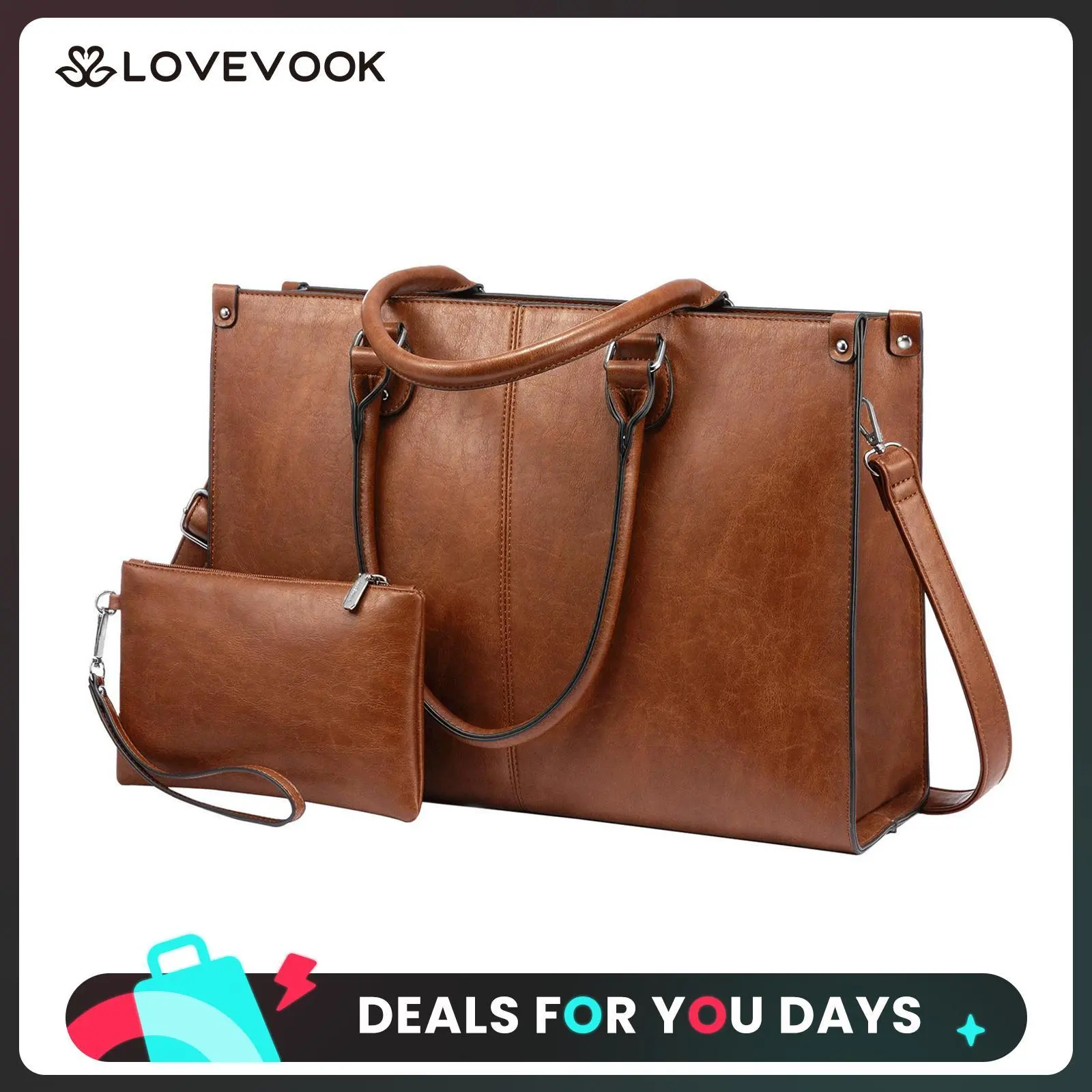LOVEVOOK Laptop Bag for Women, 15.6-17.3 inch Vegan Leather Laptop Tote Bag Large Capacity Vintage Leather Work Bags for Women Computer Bag Office Briefcase Handbag. Durable. DealsForYouDays