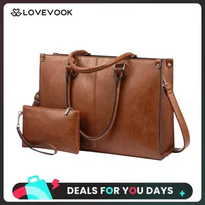 LOVEVOOK Laptop Bag for Women, 15.6-17.3 inch Vegan Leather Laptop Tote Bag Large Capacity Vintage Leather Work Bags for Women Computer Bag Office Briefcase Handbag. Durable. DealsForYouDays