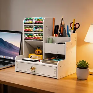 Desktop DIY Pen Holder Storage Box, Multi-Functional Office Supplies Stationery Case, Large Capacity Student Wood Plastic Organizer
